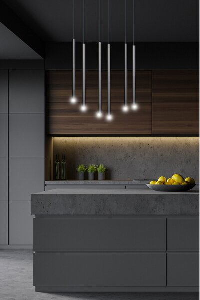 Lampadario 6 Luci Moderno Tsukiyomi Acciaio Nero E Paralumi A Cilindri Sottili