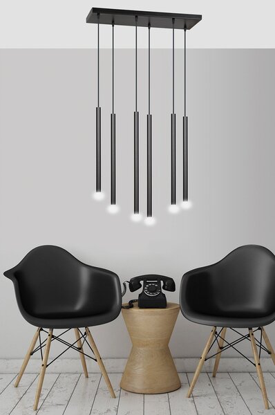 Lampadario 6 Luci Moderno Tsukiyomi Acciaio Nero E Paralumi A Cilindri Sottili