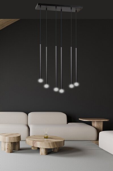 Lampadario 6 Luci Moderno Tsukiyomi Acciaio Nero E Paralumi A Cilindri Sottili
