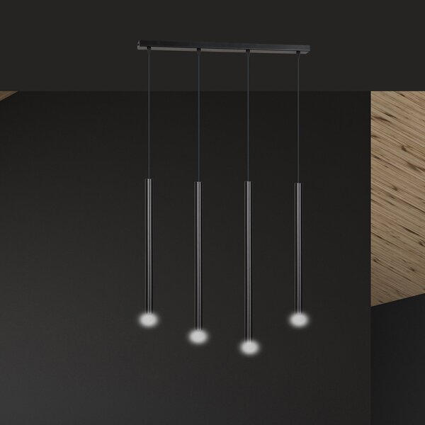 Lampadario 4 Luci Moderno Tsukiyomi Acciaio Nero E Paralumi A Cilindri Sottili