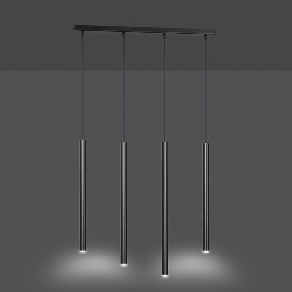 Lampadario 4 Luci Moderno Tsukiyomi Acciaio Nero E Paralumi A Cilindri Sottili