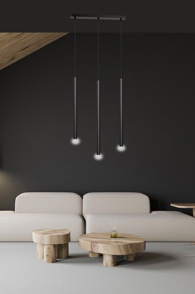 Lampadario 3 Luci Moderno Tsukiyomi Acciaio Nero E Paralumi A Cilindri Sottili