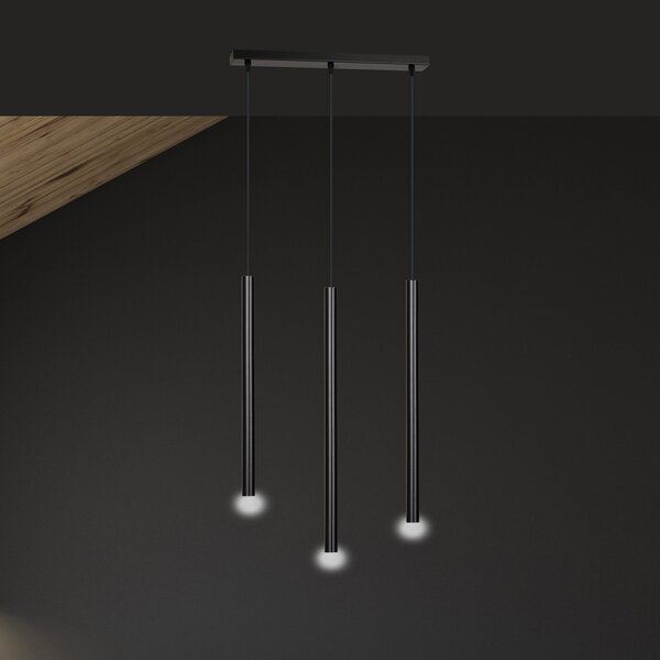 Lampadario 3 Luci Moderno Tsukiyomi Acciaio Nero E Paralumi A Cilindri Sottili