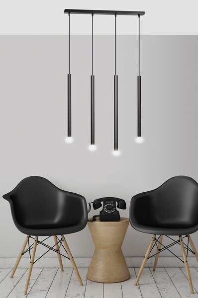 Lampadario 4 Luci Moderno Tsukiyomi Acciaio Nero E Paralumi A Cilindri Sottili