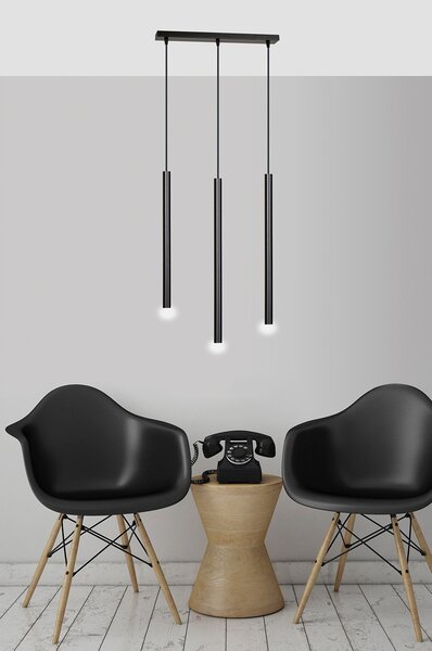 Lampadario 3 Luci Moderno Tsukiyomi Acciaio Nero E Paralumi A Cilindri Sottili