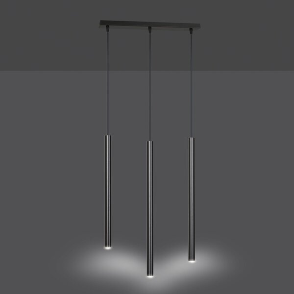 Lampadario 3 Luci Moderno Tsukiyomi Acciaio Nero E Paralumi A Cilindri Sottili