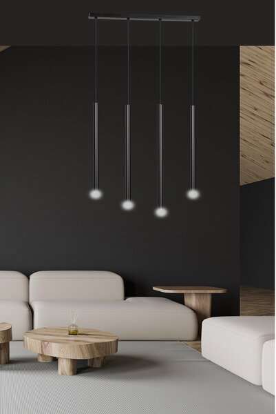 Lampadario 4 Luci Moderno Tsukiyomi Acciaio Nero E Paralumi A Cilindri Sottili