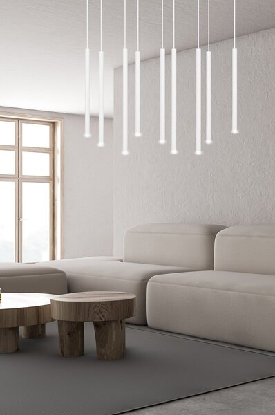 Lampadario 9 Luci Moderno Tsukiyomi Acciaio Bianco E Paralumi A Cilindri Sottili