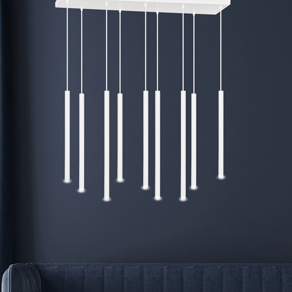 Lampadario 9 Luci Moderno Tsukiyomi Acciaio Bianco E Paralumi A Cilindri Sottili