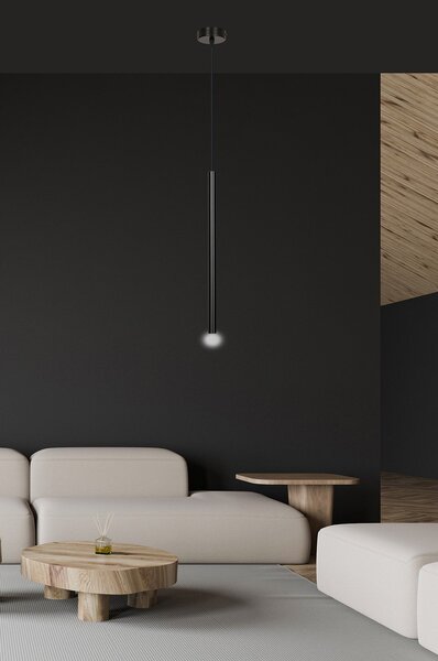 Lampadario 1 Luce Moderno Tsukiyomi Acciaio Nero E Paralume A Cilindro Sottile