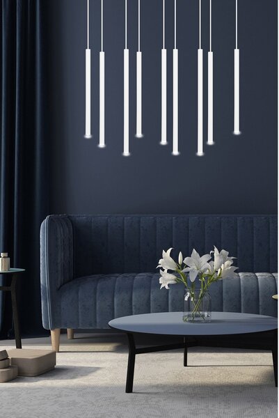 Lampadario 9 Luci Moderno Tsukiyomi Acciaio Bianco E Paralumi A Cilindri Sottili