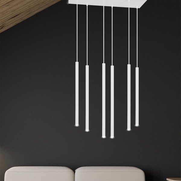 Lampadario 6 Luci Moderno Tsukiyomi Acciaio Bianco E Paralumi A Cilindri Sottili