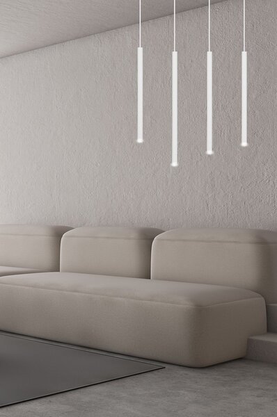 Lampadario 4 Luci Moderno Tsukiyomi Acciaio Bianco E Paralumi A Cilindri Sottili