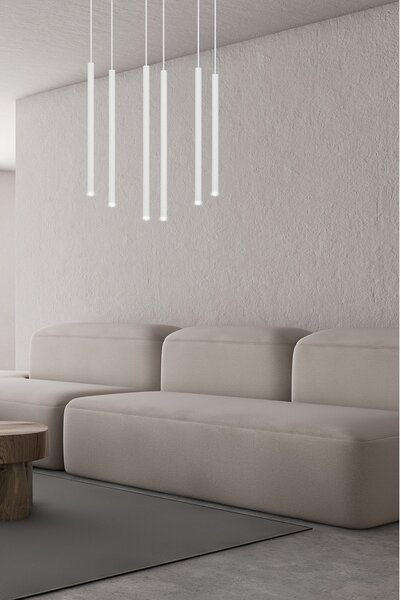 Lampadario 6 Luci Moderno Tsukiyomi Acciaio Bianco E Paralumi A Cilindri Sottili