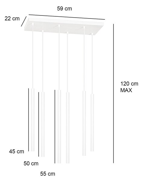 Lampadario 6 Luci Moderno Tsukiyomi Acciaio Bianco E Paralumi A Cilindri Sottili