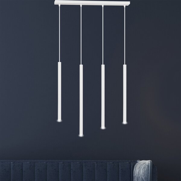 Lampadario 4 Luci Moderno Tsukiyomi Acciaio Bianco E Paralumi A Cilindri Sottili
