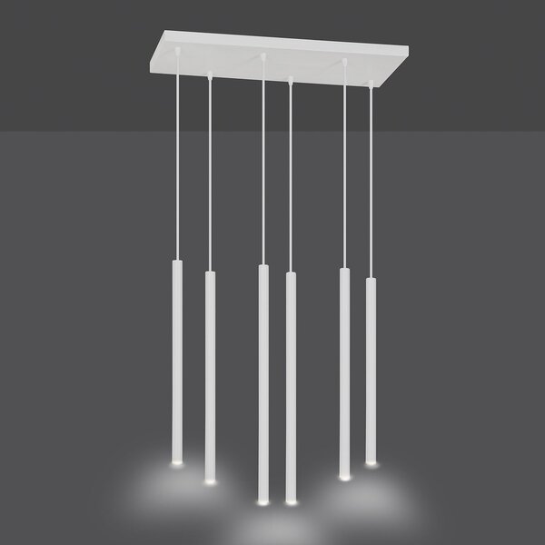 Lampadario 6 Luci Moderno Tsukiyomi Acciaio Bianco E Paralumi A Cilindri Sottili