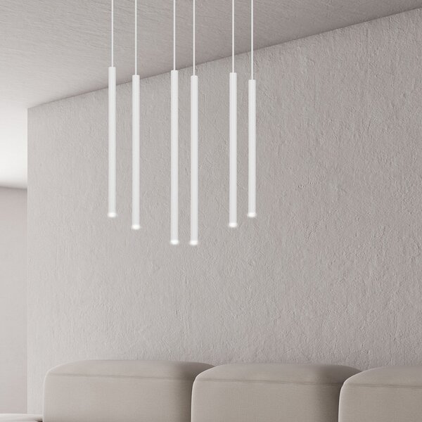 Lampadario 6 Luci Moderno Tsukiyomi Acciaio Bianco E Paralumi A Cilindri Sottili
