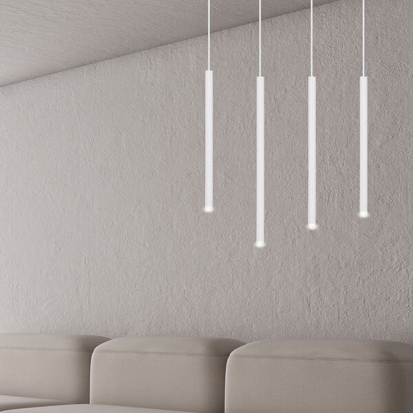 Lampadario 4 Luci Moderno Tsukiyomi Acciaio Bianco E Paralumi A Cilindri Sottili