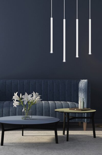 Lampadario 4 Luci Moderno Tsukiyomi Acciaio Bianco E Paralumi A Cilindri Sottili