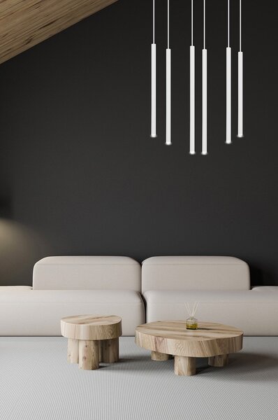 Lampadario 6 Luci Moderno Tsukiyomi Acciaio Bianco E Paralumi A Cilindri Sottili