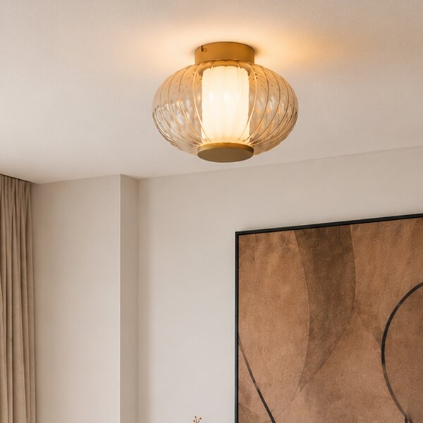 Plafoniera di design in ottone 28 cm con vetro ambrato Incl. LED dimmerabile a 3 fasi - Margherite