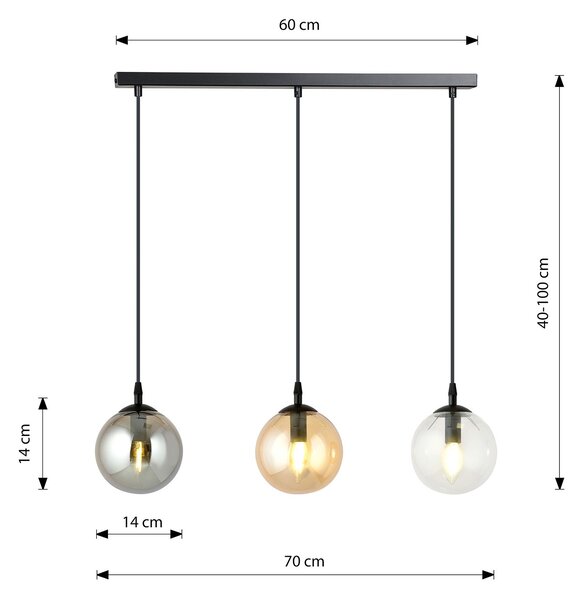 Sospensione Moderna 3 Luci Yagokoro Acciaio Nero E Sfere In Vetro Multicolor