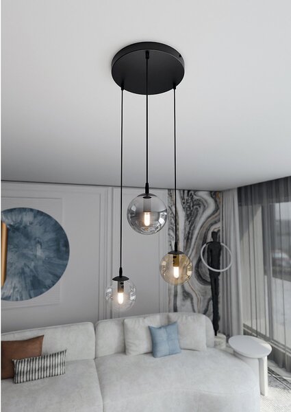Sospensione 3 Luci Okami Acciaio Nero Base Tonda E Sfere In Vetro Multicolor