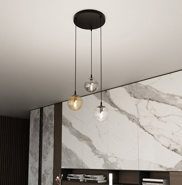 Sospensione 3 Luci Okami Acciaio Nero Base Tonda E Sfere In Vetro Multicolor