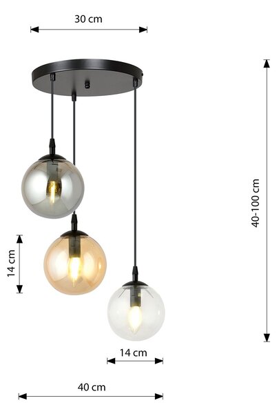 Sospensione 3 Luci Okami Acciaio Nero Base Tonda E Sfere In Vetro Multicolor