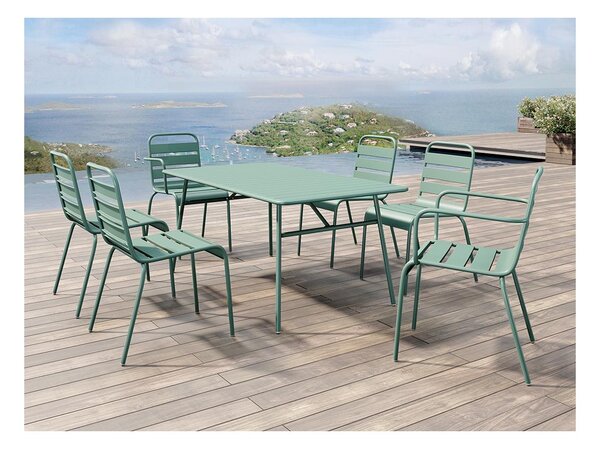 Sala da pranzo da giardino in Metallo Verde mandorla MIRMANDE: tavolo L.160cm 2 poltrone e 4 sedie impilabili