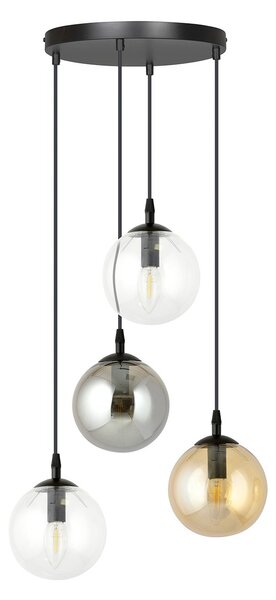 Sospensione 4 Luci Okami Acciaio Nero Base Tonda E Sfere In Vetro Multicolor