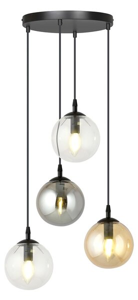 Sospensione 4 Luci Okami Acciaio Nero Base Tonda E Sfere In Vetro Multicolor