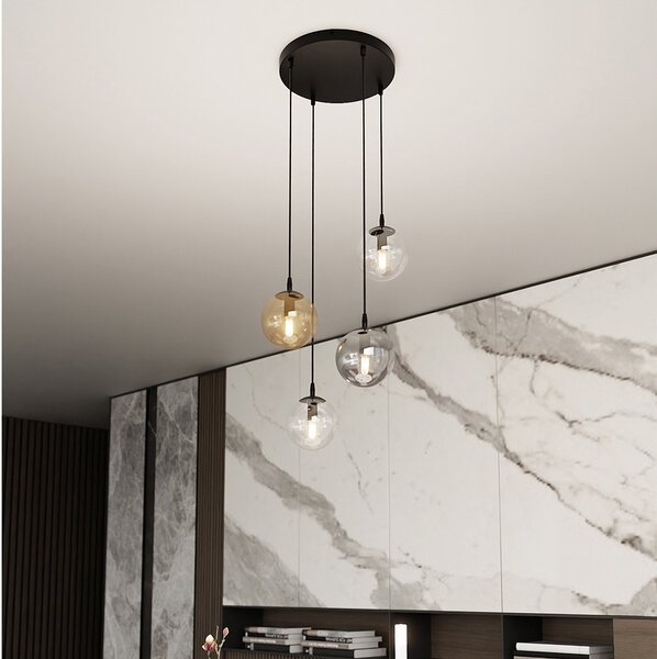 Sospensione 4 Luci Okami Acciaio Nero Base Tonda E Sfere In Vetro Multicolor