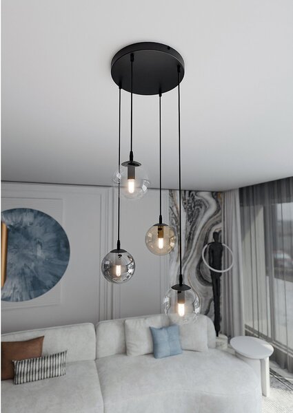Sospensione 4 Luci Okami Acciaio Nero Base Tonda E Sfere In Vetro Multicolor