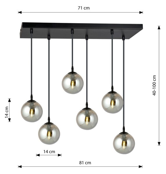 Sospensione Moderna 6 Luci Yudi In Acciaio Nero E Sfere In Vetro Fumè