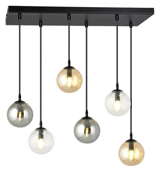Sospensione Moderna 6 Luci Yudi Acciaio Nero E Sfere In Vetro Multicolor