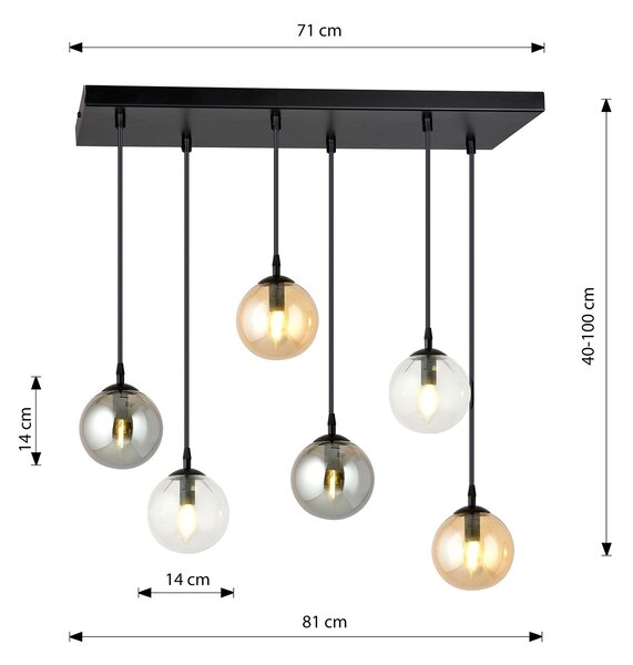 Sospensione Moderna 6 Luci Yudi Acciaio Nero E Sfere In Vetro Multicolor