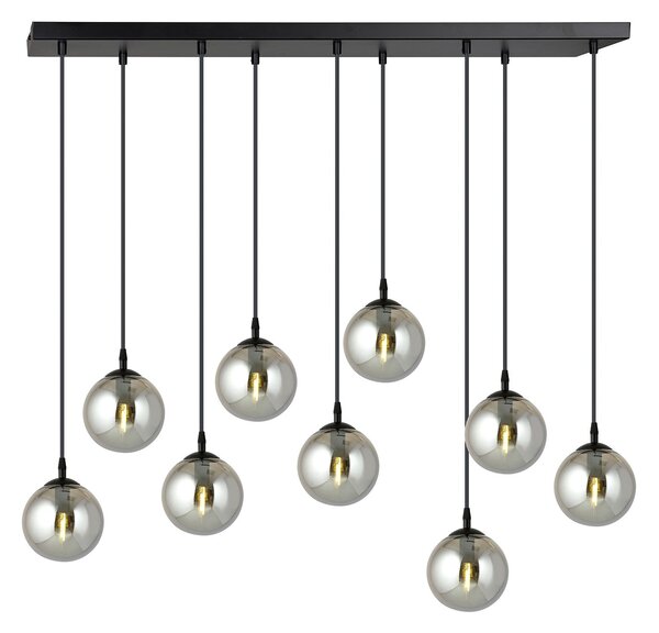 Sospensione Moderna 9 Luci Yudi In Acciaio Nero E Sfere In Vetro Fumè