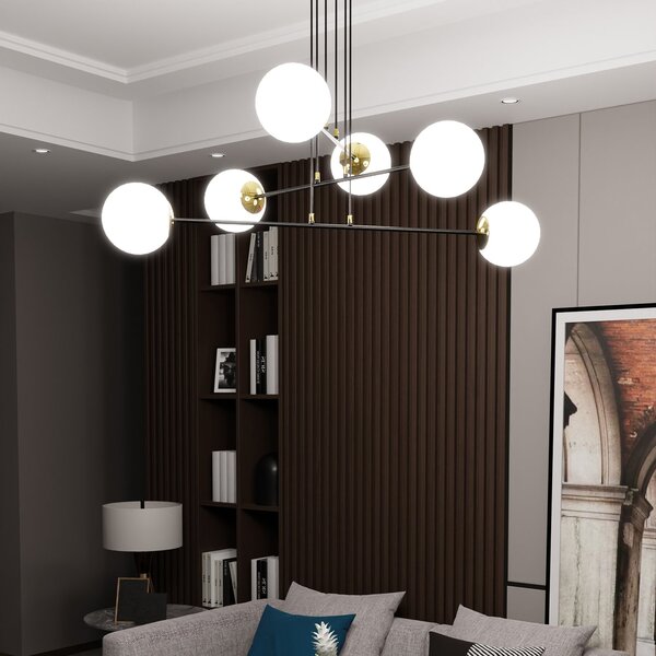 Lampadario Moderno 6 Luci Nu Kua Acciaio Nero Oro Vetro Sfera Opale