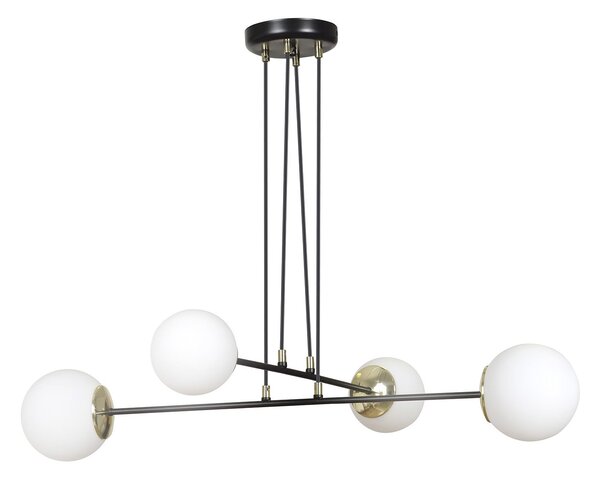 Lampadario Moderno 4 Luci Nu Kua Acciaio Nero Oro Vetro Sfera Opale