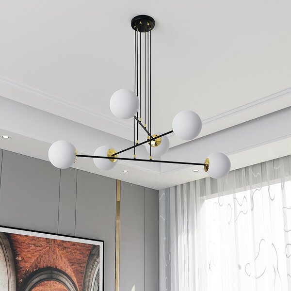 Lampadario Moderno 6 Luci Nu Kua Acciaio Nero Oro Vetro Sfera Opale