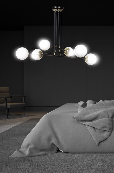 Lampadario Moderno 6 Luci Nu Kua Acciaio Nero Oro Vetro Sfera Opale