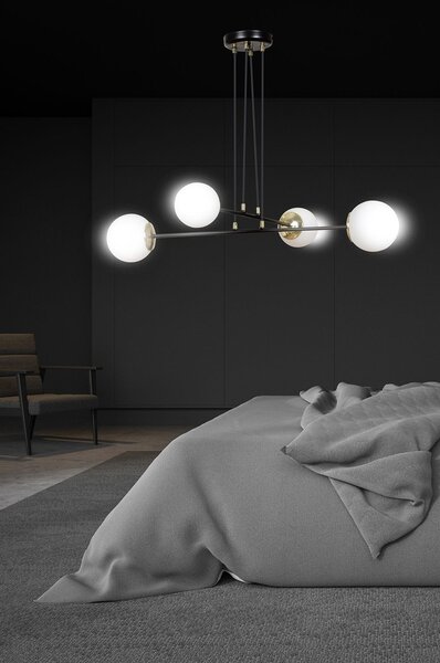 Lampadario Moderno 4 Luci Nu Kua Acciaio Nero Oro Vetro Sfera Opale