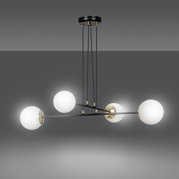 Lampadario Moderno 4 Luci Nu Kua Acciaio Nero Oro Vetro Sfera Opale