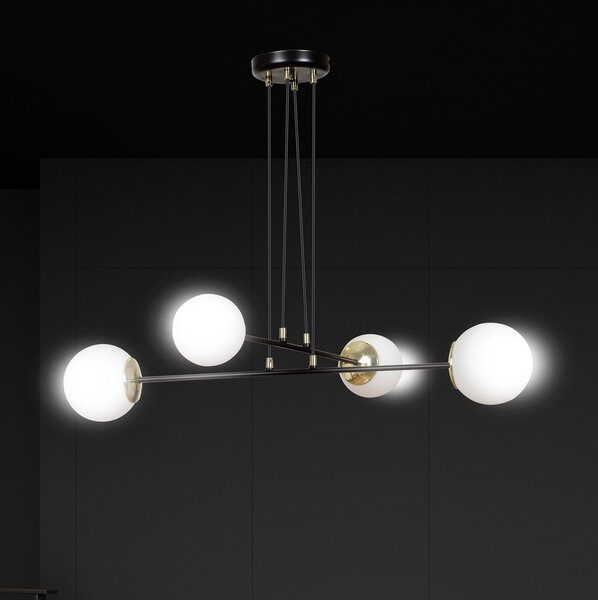 Lampadario Moderno 4 Luci Nu Kua Acciaio Nero Oro Vetro Sfera Opale
