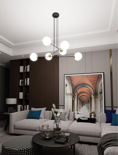Lampadario Moderno 6 Luci Nu Kua Acciaio Nero Oro Vetro Sfera Opale