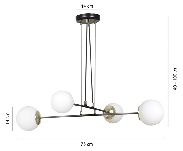 Lampadario Moderno 4 Luci Nu Kua Acciaio Nero Oro Vetro Sfera Opale