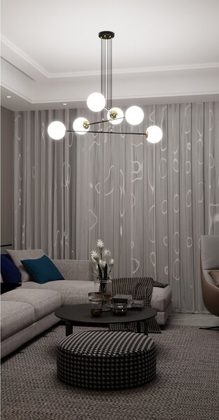 Lampadario Moderno 6 Luci Nu Kua Acciaio Nero Oro Vetro Sfera Opale