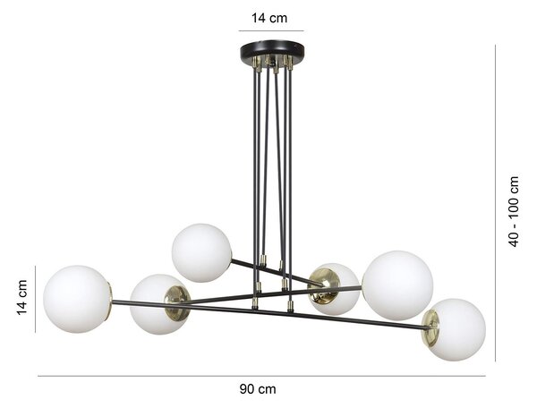 Lampadario Moderno 6 Luci Nu Kua Acciaio Nero Oro Vetro Sfera Opale